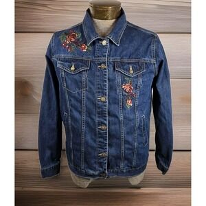 The Skyline Collection‎ Denim Jacket Womens L Dark Wash Embroidered Roses